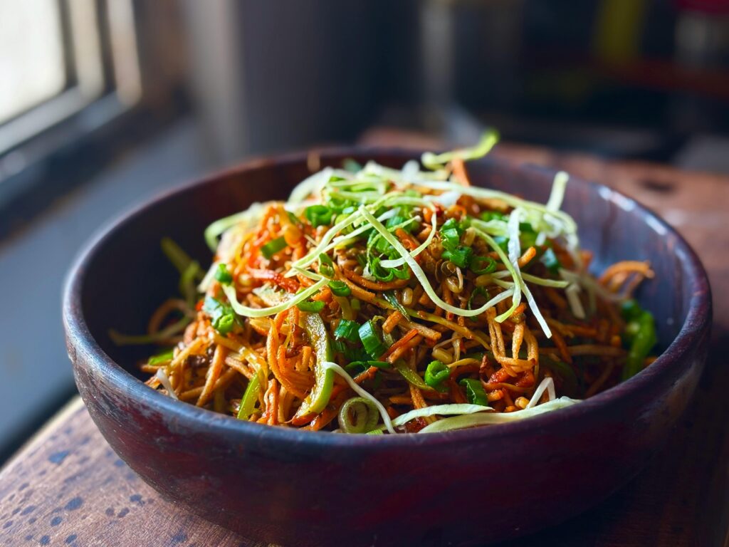 Tasty Indian-Chinese fusion snack with noodles and fresh veggies, perfect for an afternoon treat.