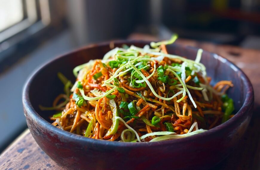 Tasty Indian-Chinese fusion snack with noodles and fresh veggies, perfect for an afternoon treat.